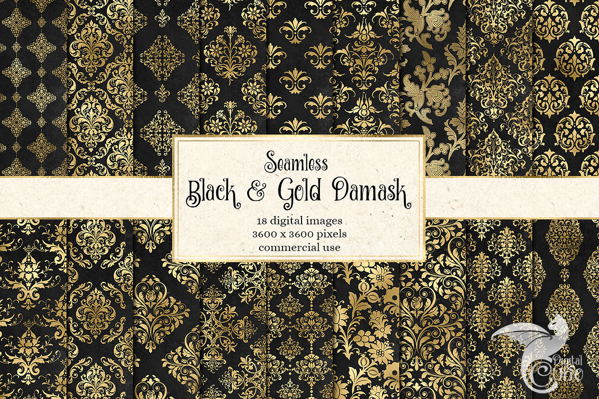 Black and Gold Damask Digital Paper in Patterns - product preview 8