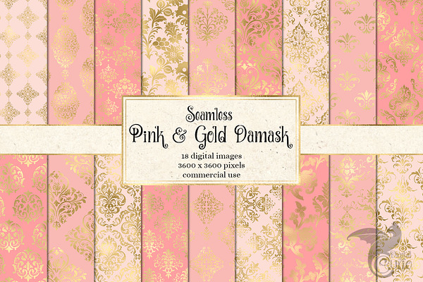 Pink and Gold Damask Digital Paper