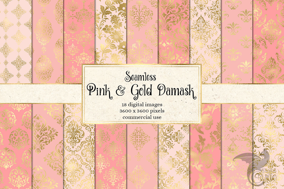 Pink and Gold Damask Digital Paper in Patterns - product preview 8