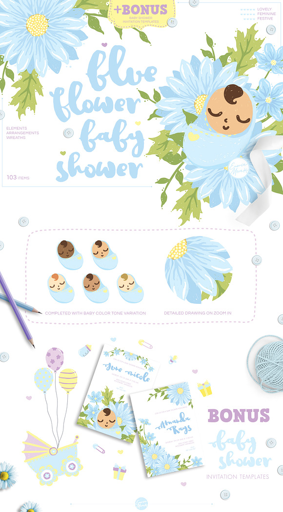 Blue Daisy Flower Baby Shower in Illustrations - product preview 7