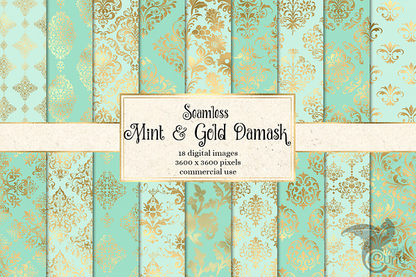 Mint and Gold Damask Digital Paper