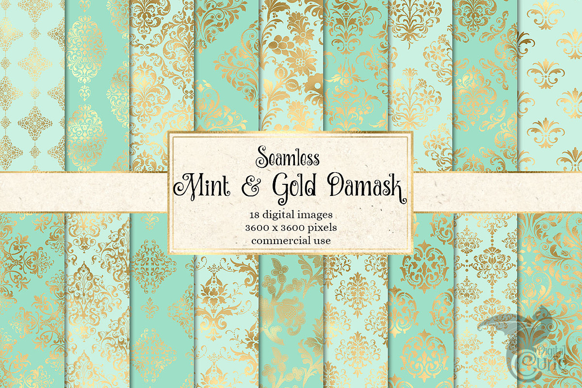 Mint and Gold Damask Digital Paper in Patterns - product preview 8