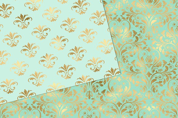 Mint and Gold Damask Digital Paper in Patterns - product preview 1