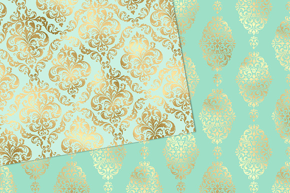 Mint and Gold Damask Digital Paper in Patterns - product preview 2
