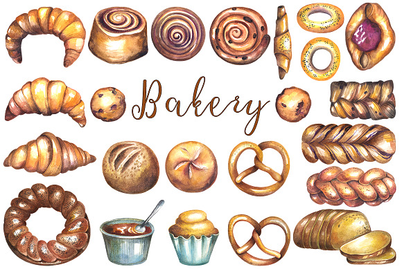 Bakery watercolor clipart in Illustrations - product preview 2
