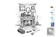 Hand drawn fireplace and decor