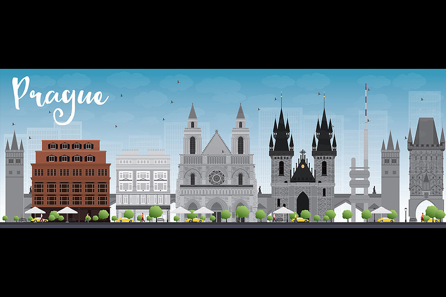 Prague skyline with grey landmarks in Illustrations - product preview 8