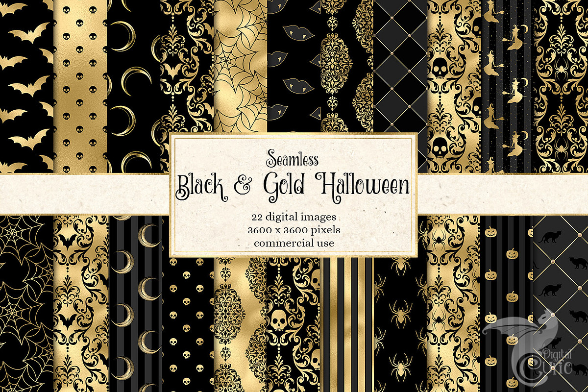 Black & Gold Halloween Digital Paper in Patterns - product preview 8