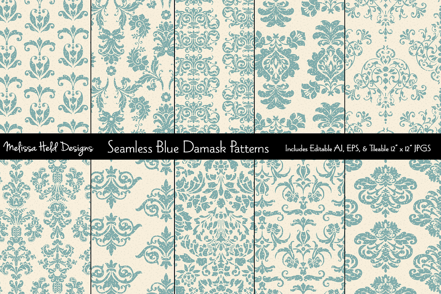 Seamless Blue Damask Patterns
