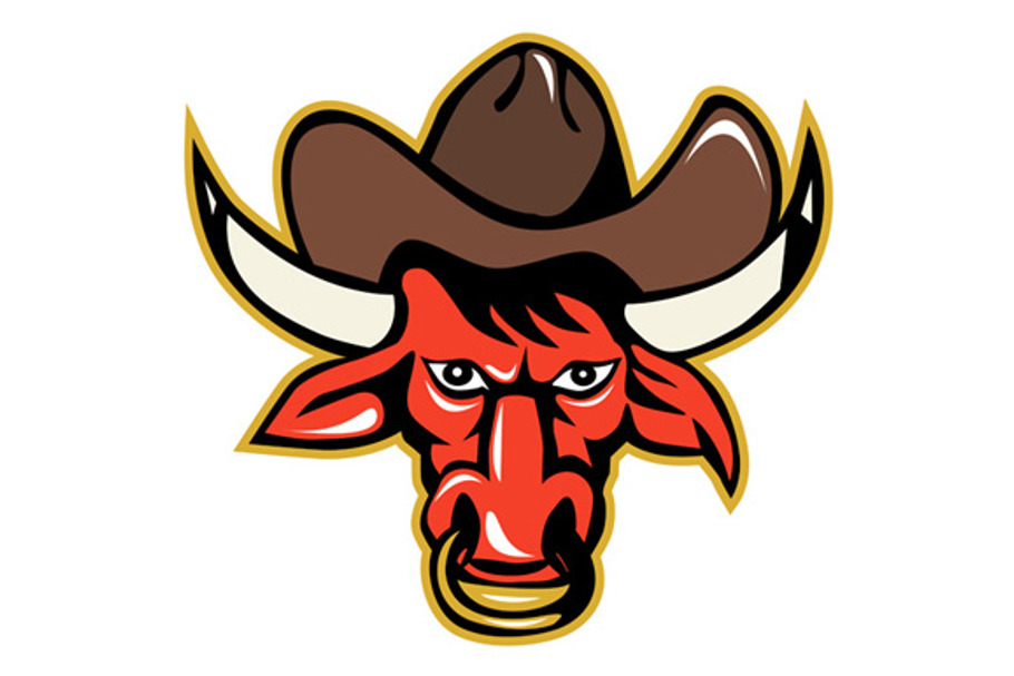 Bull Cowboy Head Front Retro in Illustrations - product preview 8