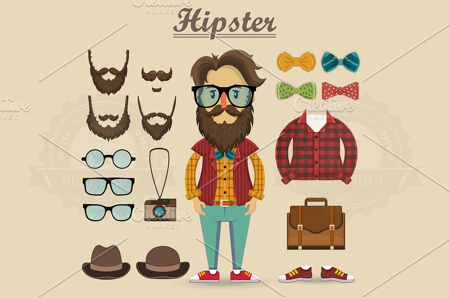 Hipster character and  elements in Illustrations - product preview 8