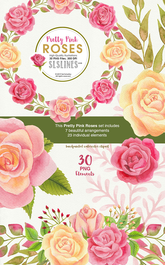 Pretty Pink Roses Watercolors in Illustrations - product preview 6