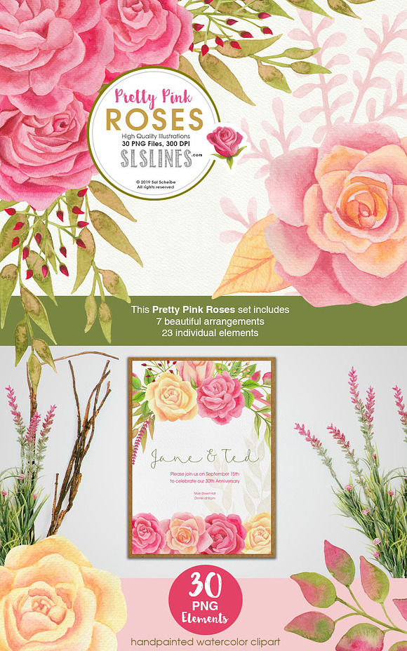Pretty Pink Roses Watercolors in Illustrations - product preview 7