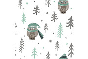 Winter Christmas forest with owls