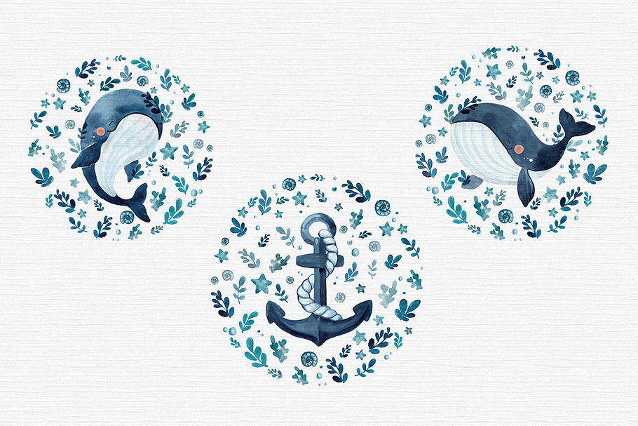 Whale watercolor clipart in Illustrations - product preview 8