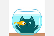 Cat looking through aquarium. Fish.