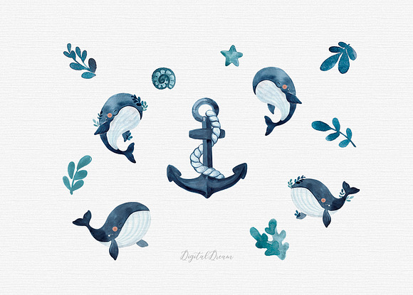 Whale watercolor clipart in Illustrations - product preview 5