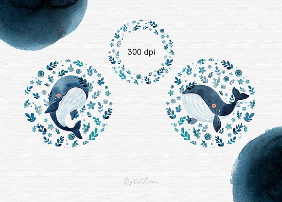 Whale watercolor clipart in Illustrations - product preview 6
