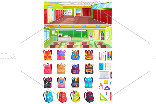 School Interior, Set of Backpacks