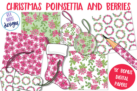 Christmas Poinsettia and Berries in Illustrations - product preview 1