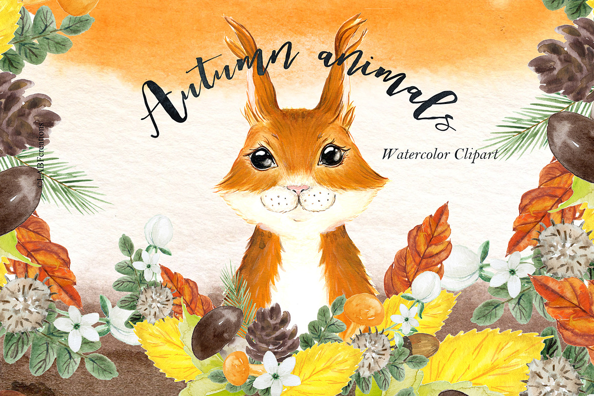 Autumn animals. Watercolor clipart in Illustrations - product preview 8