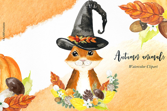 Autumn animals. Watercolor clipart in Illustrations - product preview 3