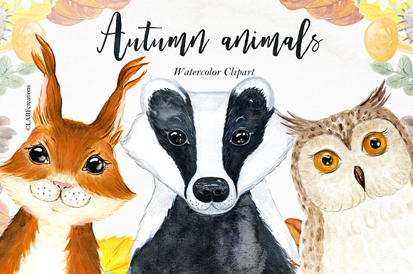 Autumn animals. Watercolor clipart in Illustrations - product preview 6
