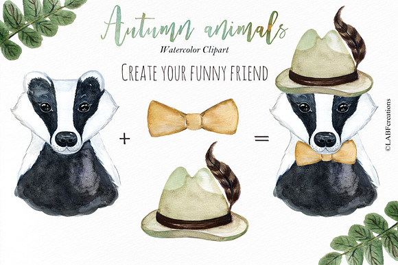 Autumn animals. Watercolor clipart in Illustrations - product preview 10
