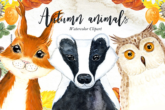Autumn animals. Watercolor clipart in Illustrations - product preview 18