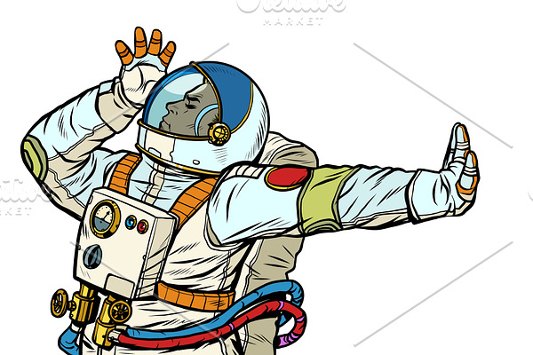 Astronaut in a spacesuit. Gesture of