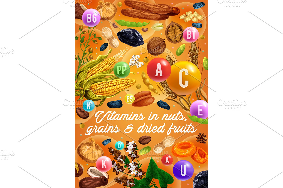 Vitamins in nuts, fruits and cereals in Illustrations - product preview 8