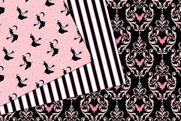 Pink & Black Halloween Digital Paper in Patterns - product preview 1