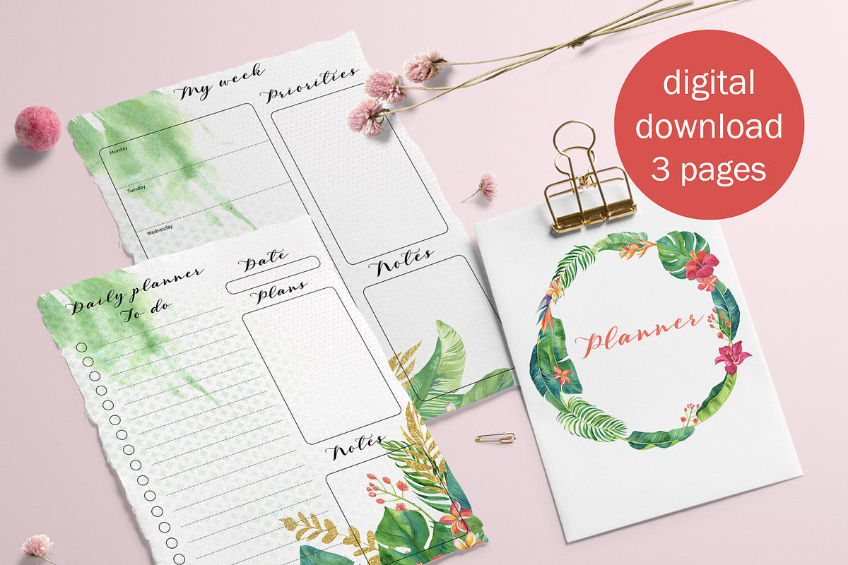 Planner ser with tropical flowers in Stationery Templates - product preview 8