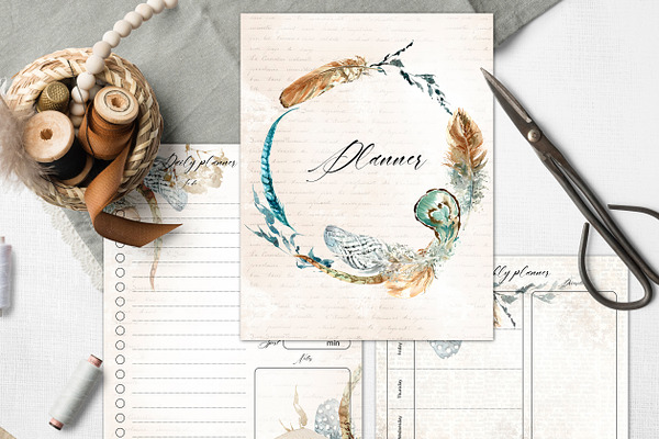 Planner with feathers, boho style