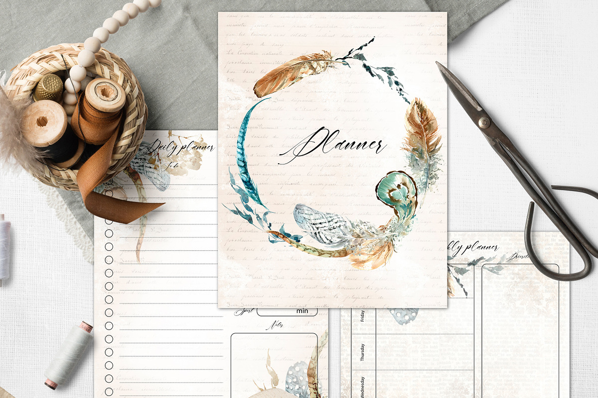 Planner with feathers, boho style in Stationery Templates - product preview 8