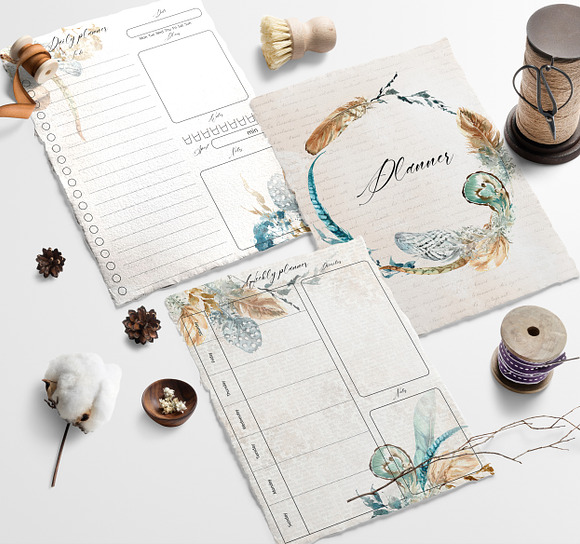 Planner with feathers, boho style in Stationery Templates - product preview 1