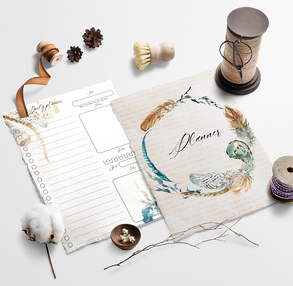Planner with feathers, boho style in Stationery Templates - product preview 2