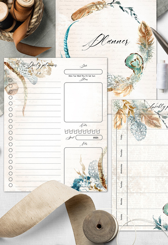 Planner with feathers, boho style in Stationery Templates - product preview 4