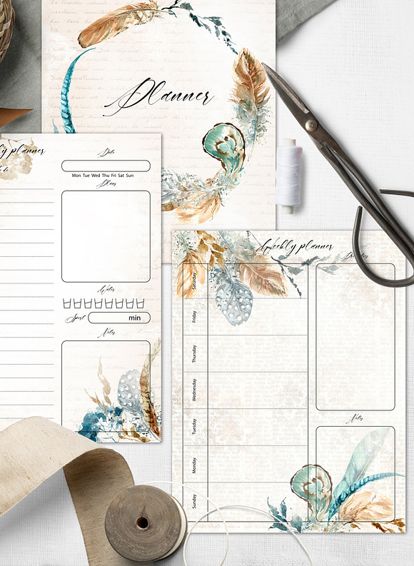 Planner with feathers, boho style in Stationery Templates - product preview 5