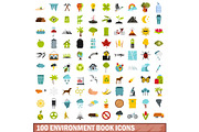 100 environment book icons set, flat