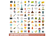 100 movie site icons set, flat style