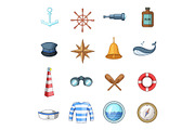 Nautical icons set, cartoon style