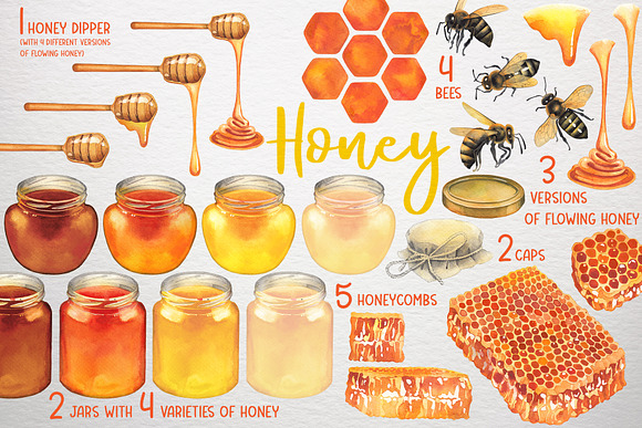 Watercolor honey collection in Illustrations - product preview 1