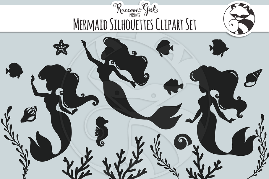Mermaid Silhouette Clipart Set in Illustrations - product preview 8