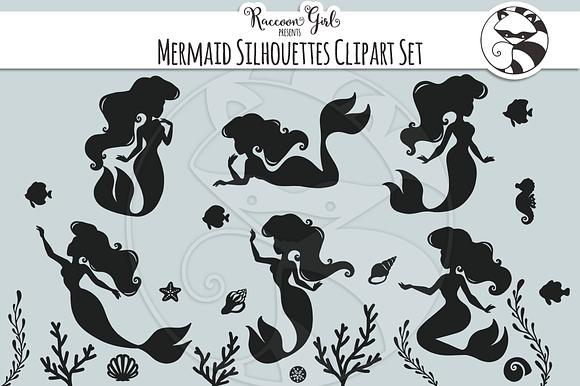 Mermaid Silhouette Clipart Set in Illustrations - product preview 1