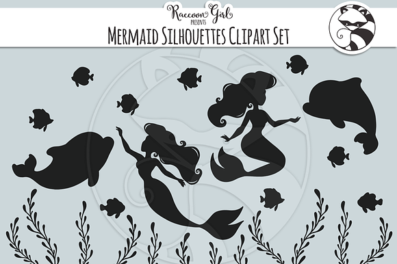 Mermaid Silhouette Clipart Set in Illustrations - product preview 2