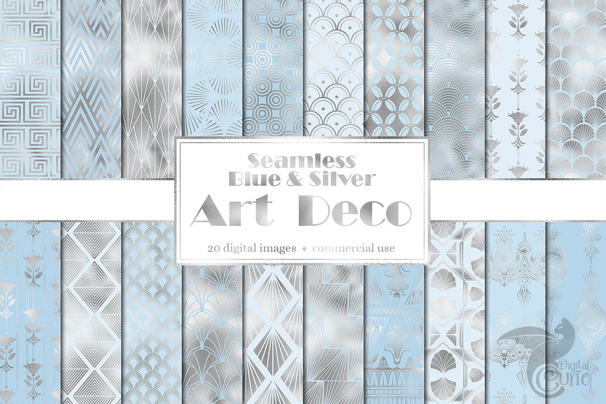 Blue & Silver Art Deco Digital Paper in Patterns - product preview 8