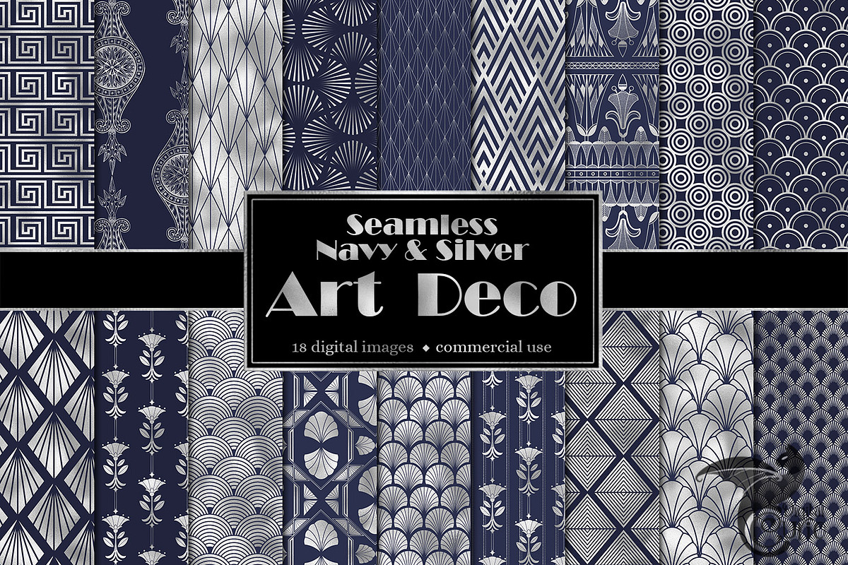 Navy & Silver Art Deco Digital Paper in Patterns - product preview 8