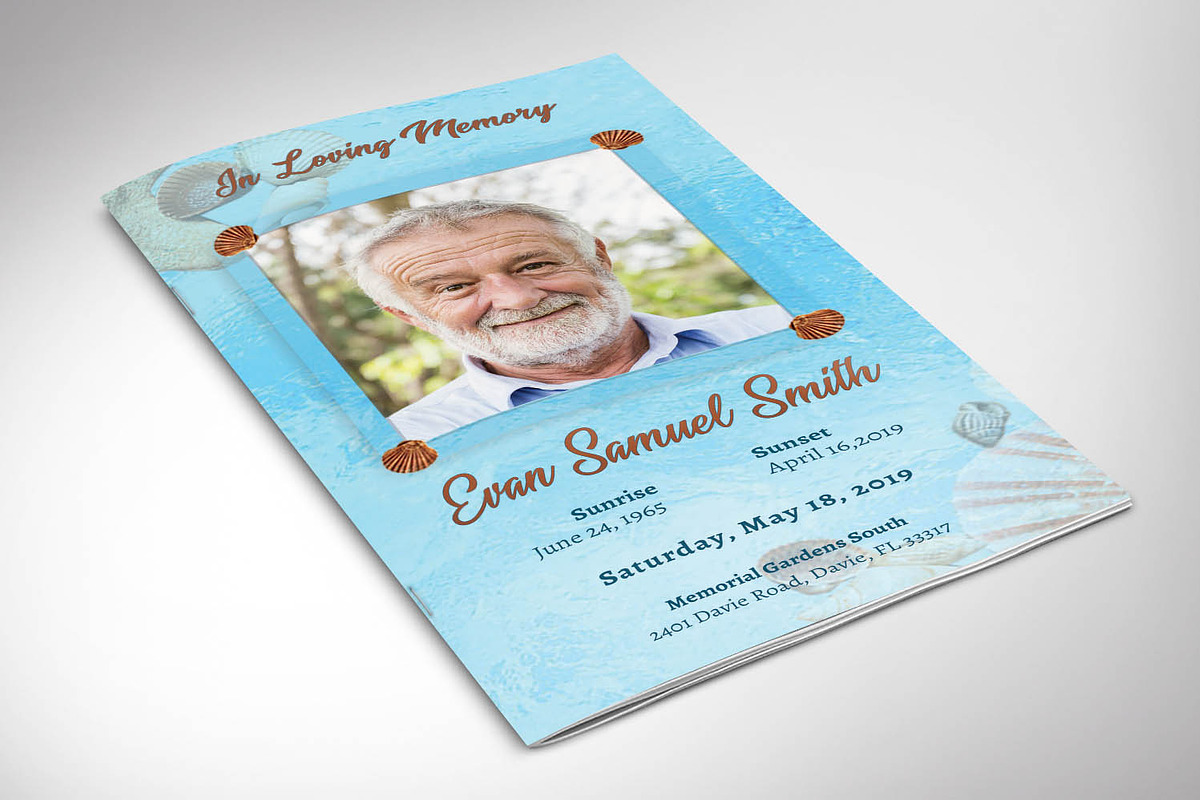 Seashell Funeral Program Template in Brochure Templates - product preview 8