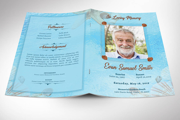 Seashell Funeral Program Template in Brochure Templates - product preview 1